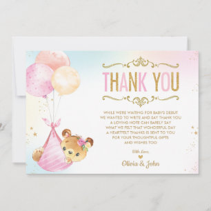 Cute Baby Girl Bear Balloons Baby Shower Sprinkle Thank You Card