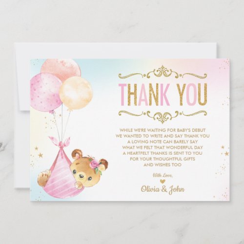 Cute Baby Girl Bear Balloons Baby Shower Sprinkle Thank You Card
