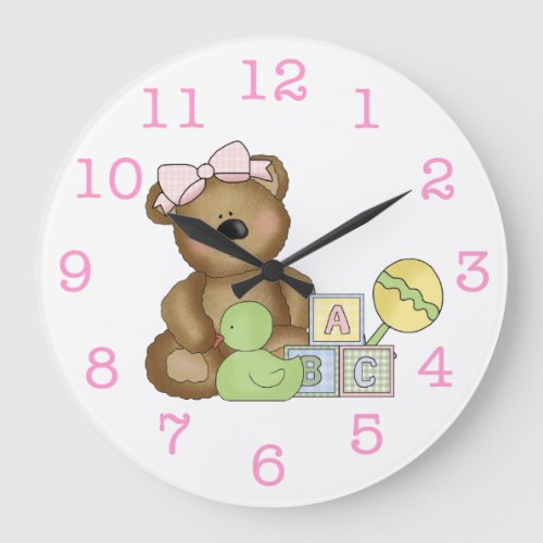 Cute Baby Girl Bear in Pink BowRattleDuck Large Clock