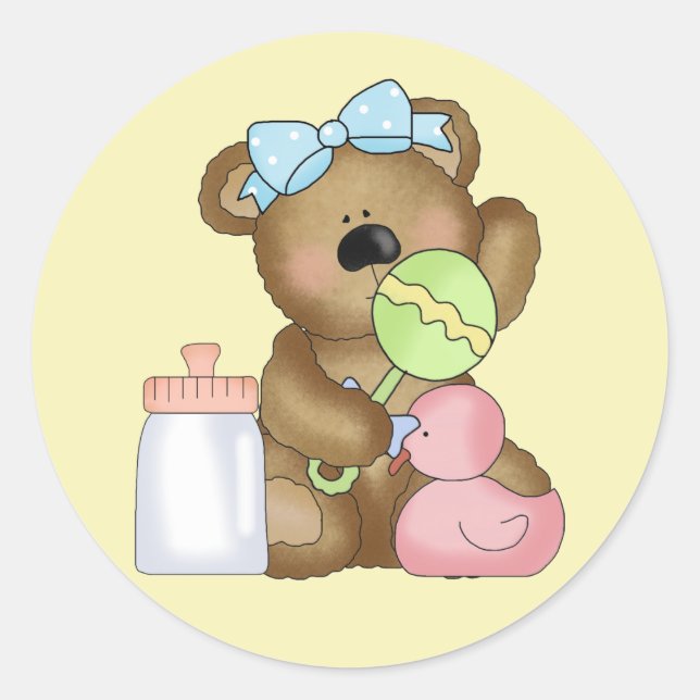 Cute Baby Girl Bear with Baby Bottle and Rattle. Classic Round Sticker (Front)