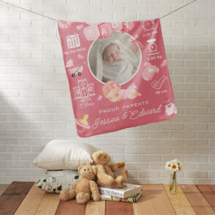 Cute Baby Girl Birth Stats Pink Newborn Modern Baby Blanket