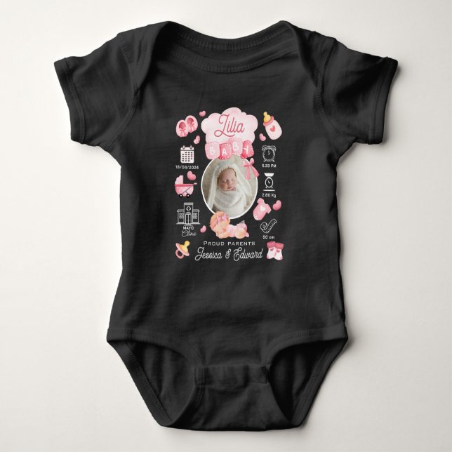 Cute Baby Girl Birth Stats Pink Newborn Modern  Baby Bodysuit (Front)