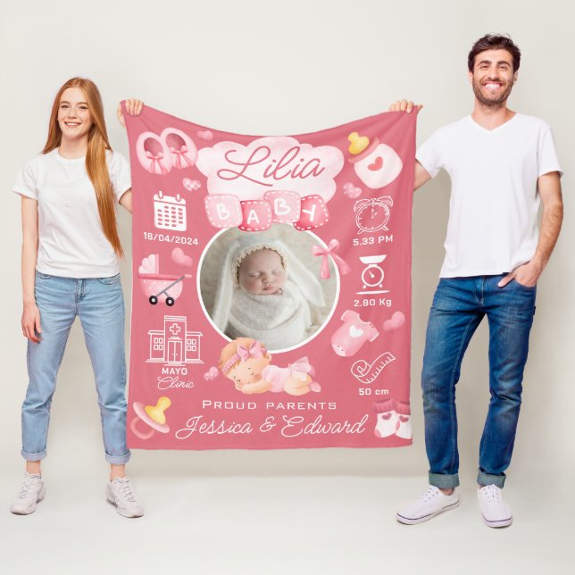 Cute Baby Girl Birth Stats Pink Newborn Modern  Fleece Blanket (In Situ)