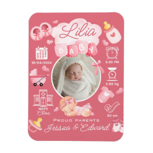 Cute Baby Girl Birth Stats Pink Newborn Modern Magnet