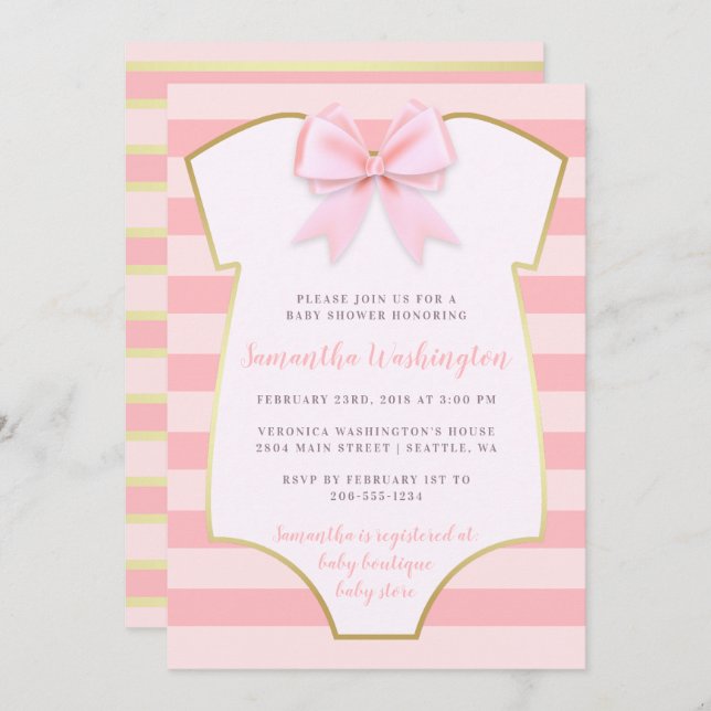 Cute Baby Girl Blush Pink Bow & Gold Baby Shower Invitation (Front/Back)