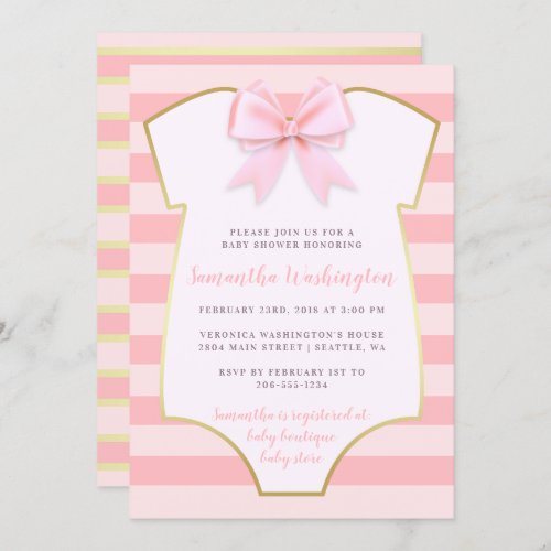 Cute Baby Girl Blush Pink Bow  Gold Baby Shower Invitation