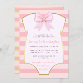 Cute Baby Girl Blush Pink Bow & Gold Baby Shower Invitation