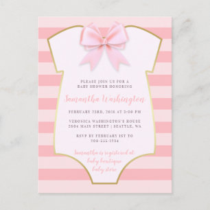 Cute Baby Girl Blush Pink Bow & Gold Baby Shower Invitation Postcard