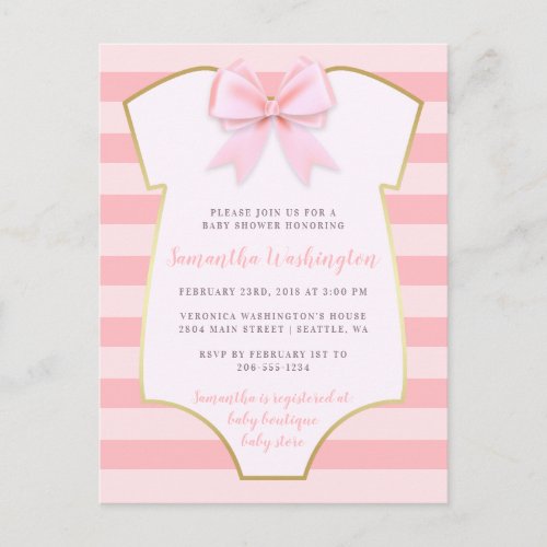 Cute Baby Girl Blush Pink Bow  Gold Baby Shower Invitation Postcard
