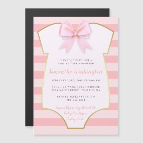 Cute Baby Girl Blush Pink Bow  Gold Baby Shower Magnetic Invitation