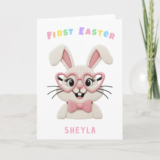 Cute Baby Girl Boy First Easter Bunny Holiday Card (Front)