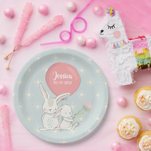 Cute baby girl bunny with name paper plates