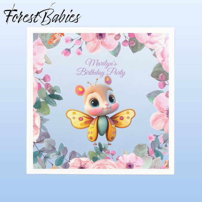 Cute Baby Girl Butterfly Pink Floral Kid Birthday Napkins (Butterfly Girl 🦋 Pink Floral 🌸 ForestBabies Customizable Birthday Party Paper Napkins)