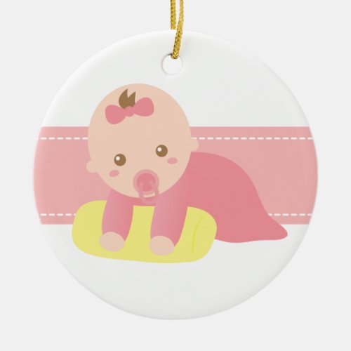 Cute Baby Girl Crawling with Pillow Personalized Ceramic Ornament
