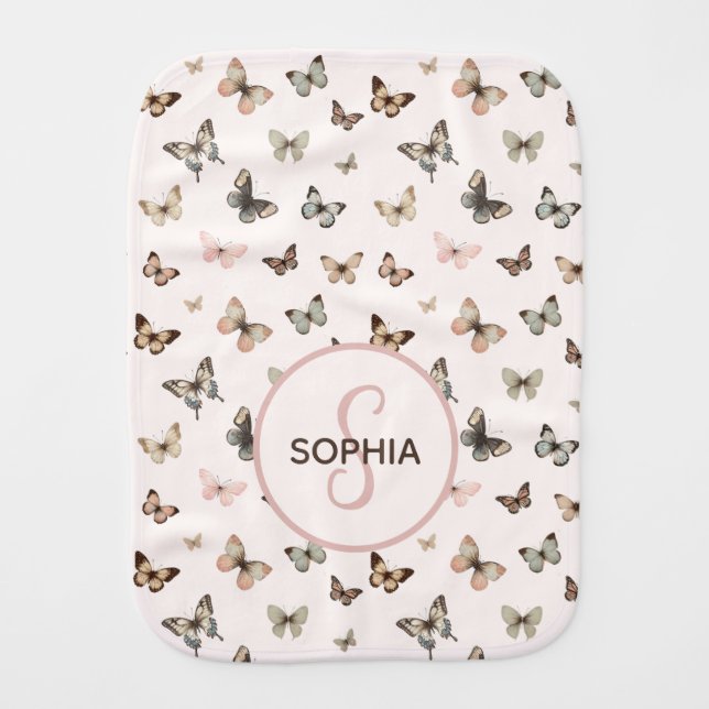 Cute Baby Girl Custom Monogram Blush Butterflies Burp Cloth (Front)