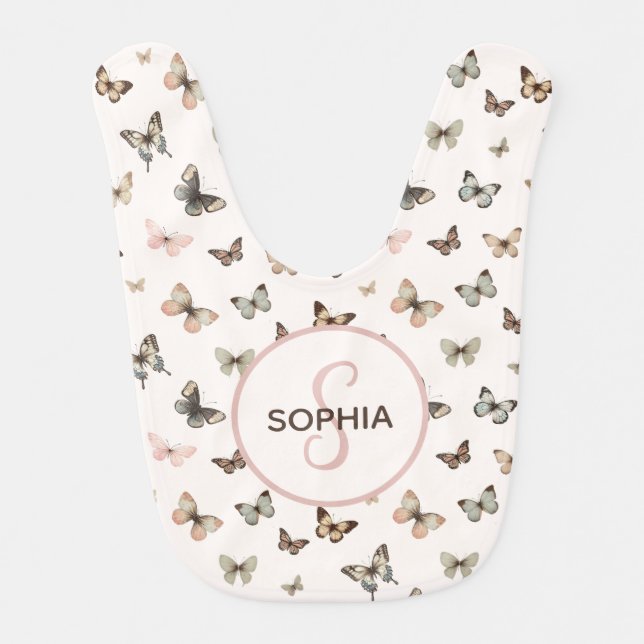 Cute Baby Girl Custom Monogram Butterfly Pattern Baby Bib (Front)
