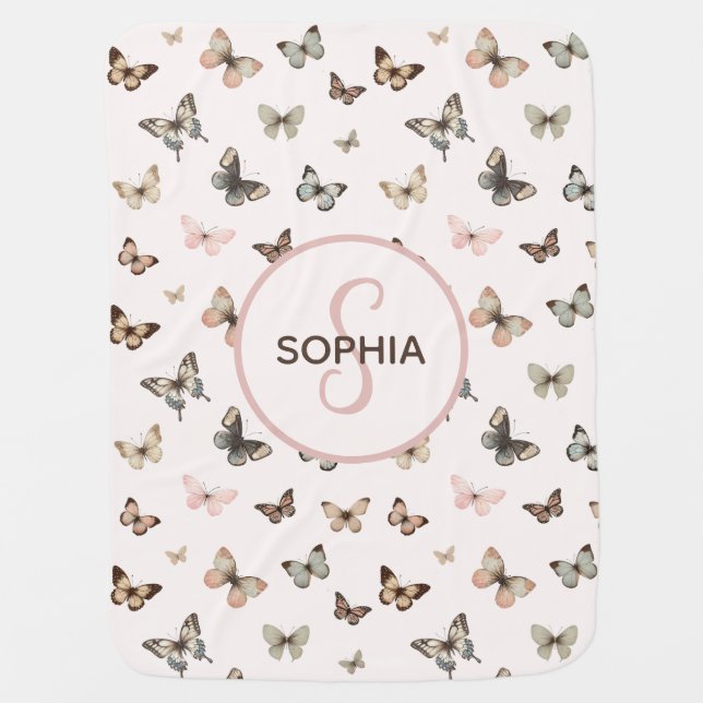 Cute Baby Girl Custom Monogram Butterfly Pattern Baby Blanket (Front)
