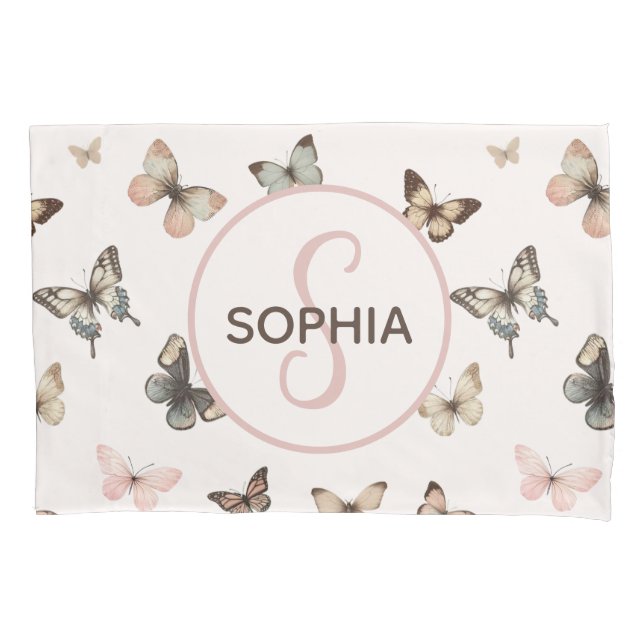 Cute Baby Girl Custom Monogram Butterfly Pattern Pillow Case (Front)
