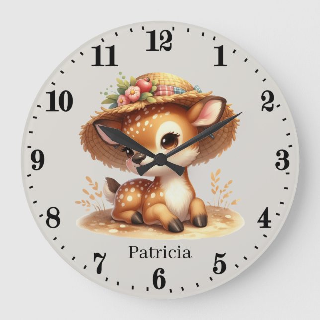 Cute baby girl deer add name large clock (Front)
