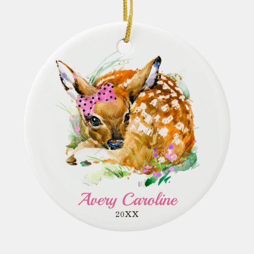 Cute Baby Girl Deer Fawn Personalized Christmas Ceramic Ornament