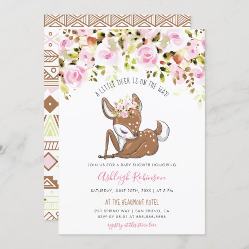 Cute Baby Girl Deer & Tribal Flowers Baby Shower Invitation - Create your own Cute Baby Girl Deer & Tribal Flowers Baby Shower invitation cards using these templates by Eugene Designs. These baby girl shower invitations feature a spring woodland theme with blossoming roses, the phrase "a little deer is on the way!", a baby girl deer with flowers in her hair and modern typography. On the reverse there is a tribal baby shower pattern in matching colors. (1) Type in your baby shower text in the template boxes provided. (2) For further customization, please click the "customize further" or "personalize" link and use our design tool to modify this template. (3) Choose from twelve unique paper types, two printing options and six shape options to design a card that's perfect for you.