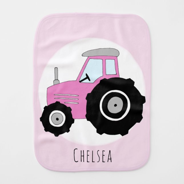 Cute Baby Girl Doodle Pink Farm Tractor with Name Burp Cloth (Front)