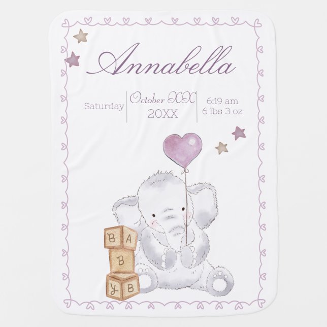 Cute Baby Girl Elephant and Balloon Watercolor Baby Blanket (Front)