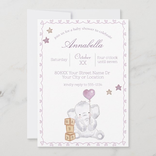 Cute Baby Girl Elephant and Balloon Watercolor Invitation (Front)