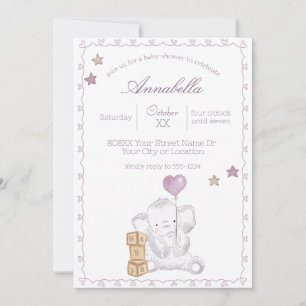 Cute Baby Girl Elephant and Balloon Watercolor Invitation