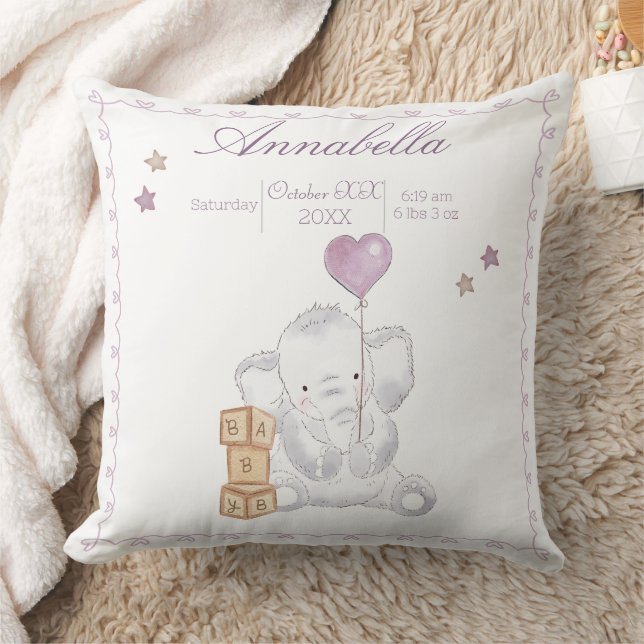 Cute Baby Girl Elephant and Balloon Watercolor Throw Pillow (Blanket)