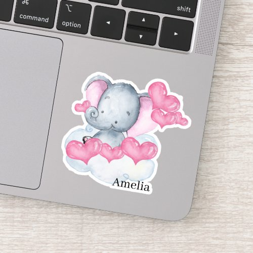 Cute Baby Girl Elephant and Pink Love Hearts Vinyl Sticker