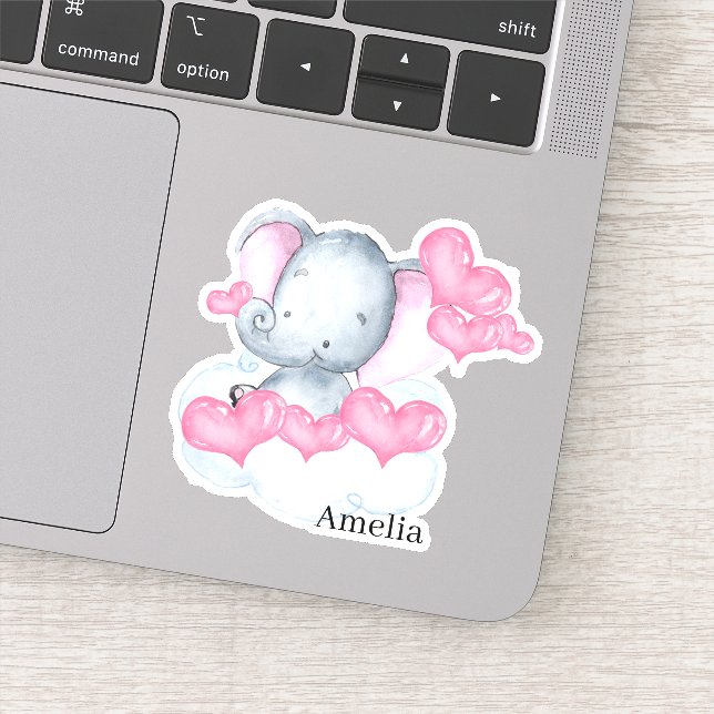 Cute Baby Girl Elephant and Pink Love Hearts Vinyl Sticker (Detail)