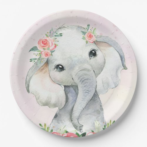 Cute Baby Girl Elephant Baby Shower Paper Plate