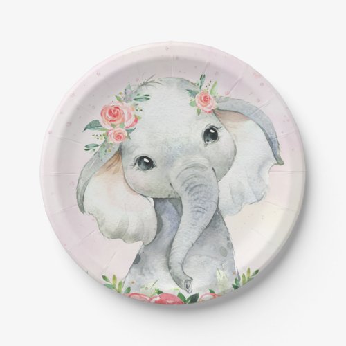 Cute Baby Girl Elephant Baby Shower Paper Plate