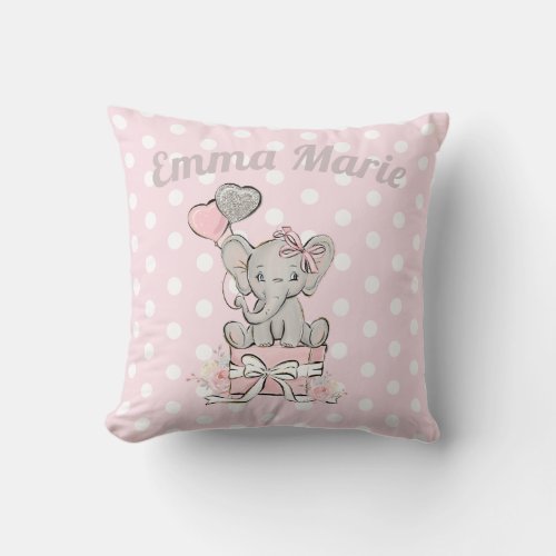 Cute Baby Girl Elephant Balloons Pink Silver Throw Pillow