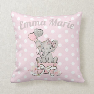 Cute Baby Girl Elephant Balloons Pink Silver Throw Pillow