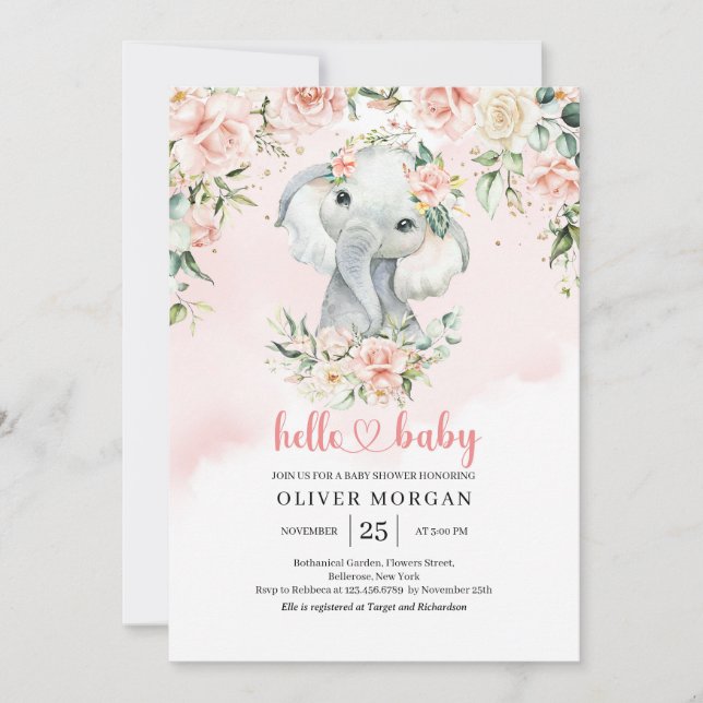 Cute baby girl elephant blush flowers gold  invitation (Front)
