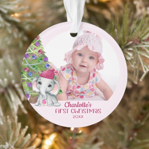 Cute Baby Girl Elephant First Christmas Photo Pink Ornament