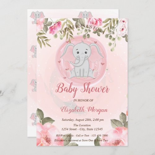 Cute Baby Girl ElephantFloral Baby Shower Invitation