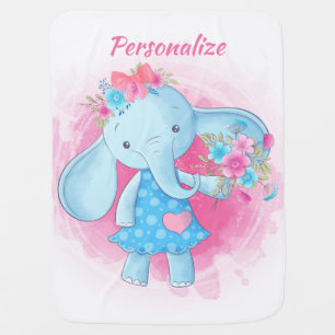 Cute Baby Girl Elephant Flowers Pink Bow Cartoon B Blanket