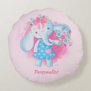 Cute Baby Girl Elephant Flowers Pink Bow Cartoon Round Pillow