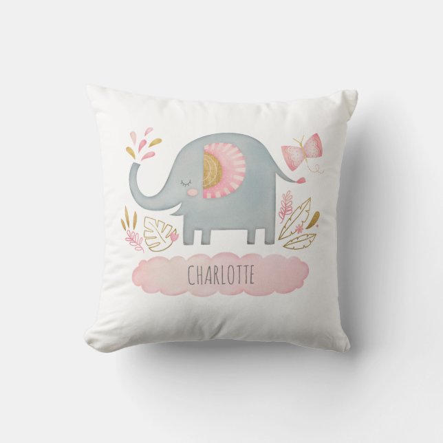 Cute Baby Girl Elephant Nursery Pillow (Front)