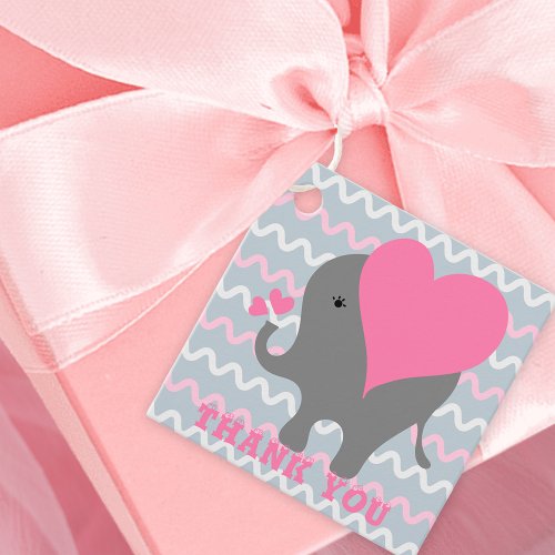 Cute Baby Girl Elephant On Wavy Pattern Thank You Favor Tags