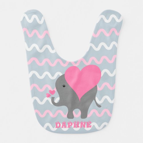 Cute Baby Girl Elephant On Wavy Pattern With Name Baby Bib