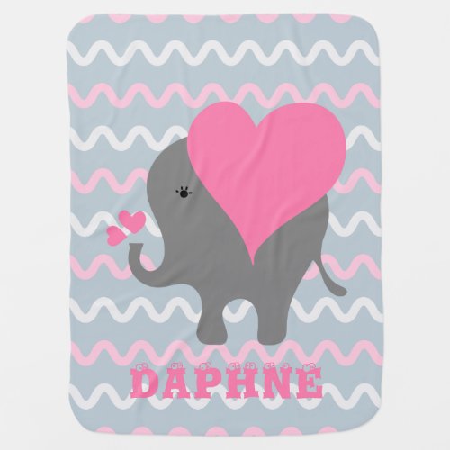 Cute Baby Girl Elephant On Wavy Pattern With Name Baby Blanket