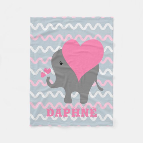 Cute Baby Girl Elephant On Wavy Pattern With Name Fleece Blanket