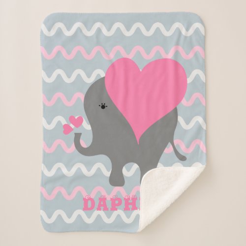 Cute Baby Girl Elephant On Wavy Pattern With Name Sherpa Blanket