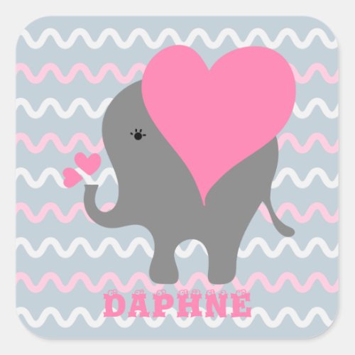 Cute Baby Girl Elephant On Wavy Pattern With Name Square Sticker