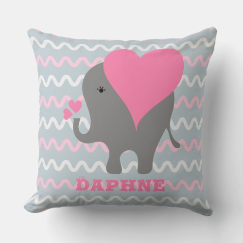 Cute Baby Girl Elephant On Wavy Pattern With Name Throw Pillow