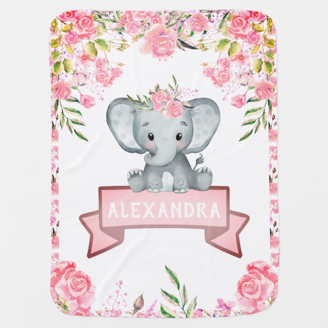Cute Baby Girl Elephant Pink Floral Custom Name Baby Blanket (Front)